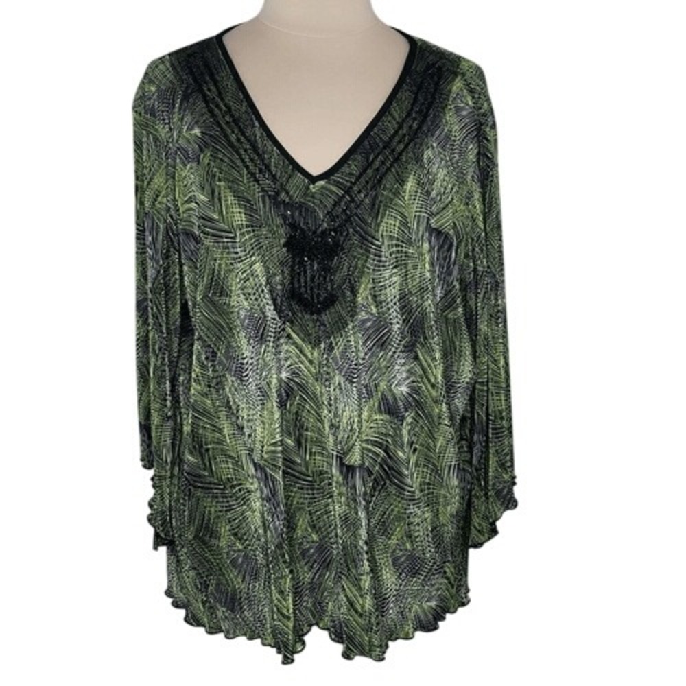 Dressbarn Green‎ Long Sleeve V-Neck Embellished Blouse